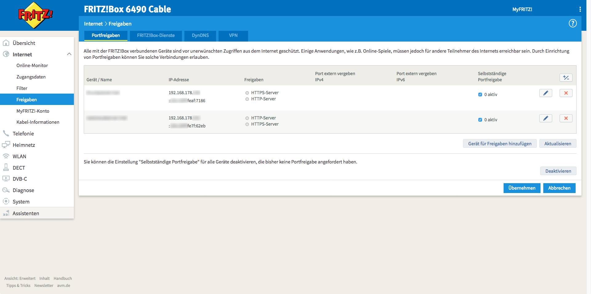Internet --> Freigaben --> Portfreigaben
